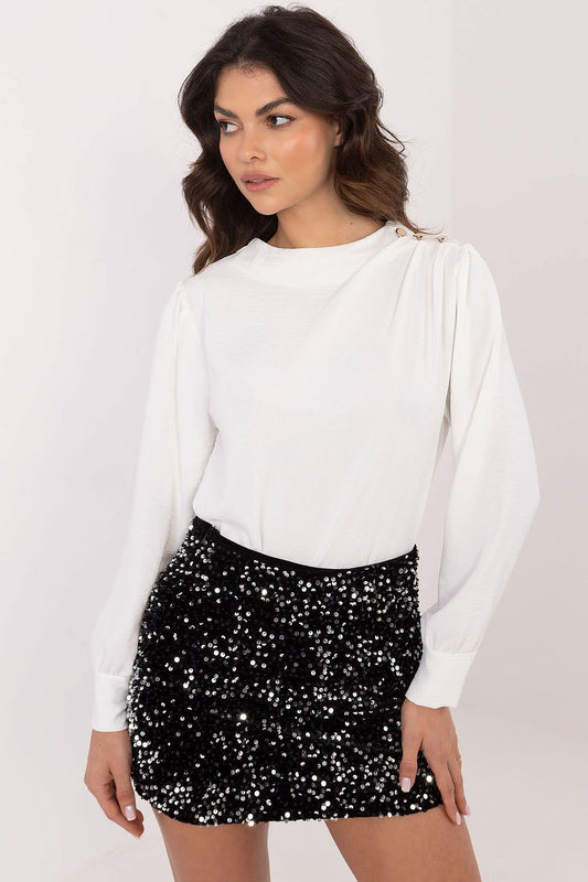 Elegant Italy Moda blouse featuring chic puff sleeves and a round neckline, crafted from smooth polyester-elastane fabric, perfect for sophisticated formalwear.