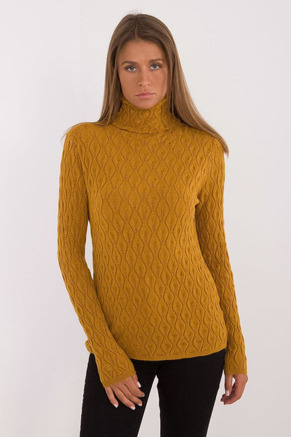 Luxurious long-sleeve turtleneck sweater by AT with metallic yarn details, showcasing a chic openwork design ideal for stylish layering.