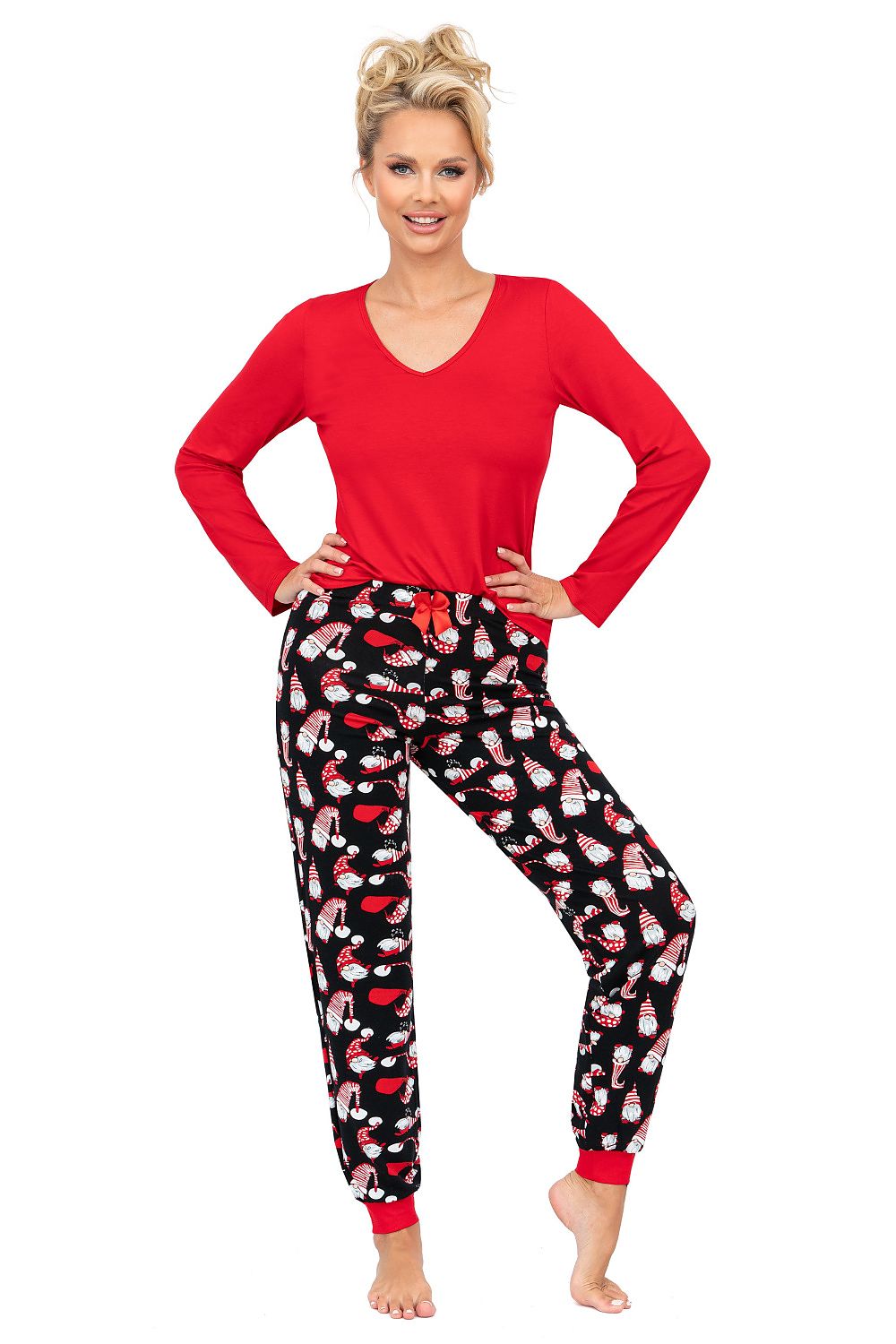 Luxurious women's Christmas-themed pyjamas set by Donna, featuring a soft cotton long sleeve V-neck top and elegant print pants, perfect for warm winter nights.