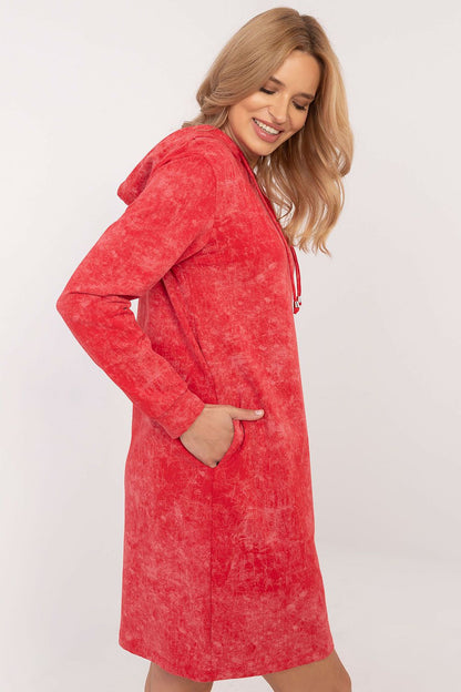 Elegant cotton blend sweatshirt dress by Relevance, featuring a stylish marble print, soft hood, and side pockets for modern comfort and luxury.