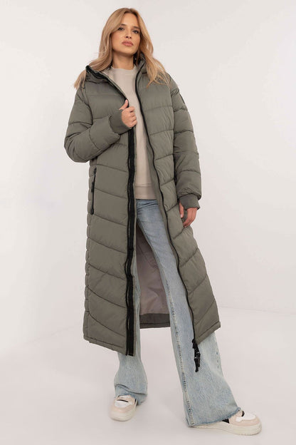 Fashionable women's coat by Sublevel, demonstrating the functional thumb hole cuffs and double-slider zipper for modern elegance.