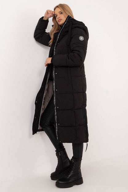 Elegant long women's coat by Sublevel, featuring a stylish casual design with a functional hood, perfect for autumn and winter wear.
