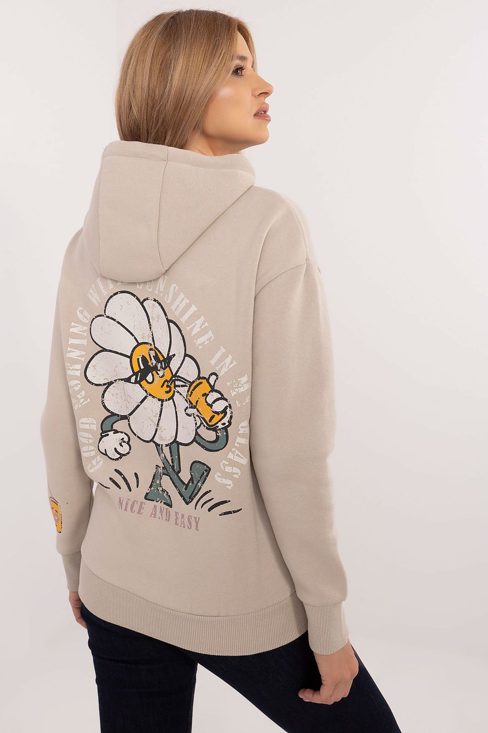 Full view of Sublevel Women's Casual Sweatshirt, highlighting its classic round neckline and chic aesthetic, ideal for sophisticated casual styling.