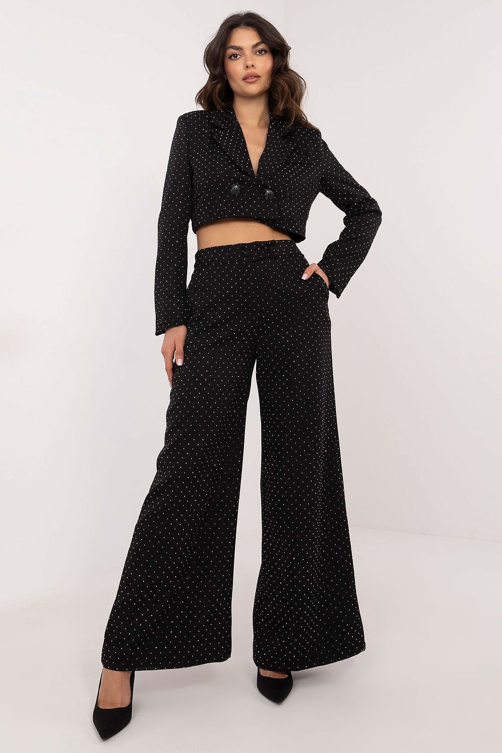 Elegant wide leg palazzo pants with sequins by Italy Moda, showcasing luxurious fabric and sophisticated design, ideal for formal events.