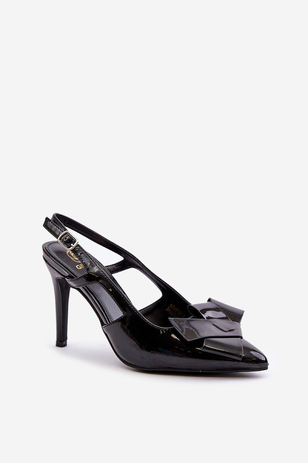 Close-up of stylish patent eco leather stilettos with pointed toes and a beautiful ornament by Step in Style, perfect for evening wear.