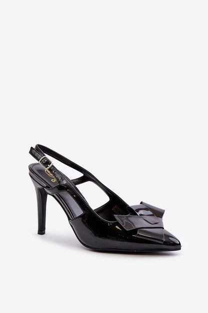 Close-up of stylish patent eco leather stilettos with pointed toes and a beautiful ornament by Step in Style, perfect for evening wear.