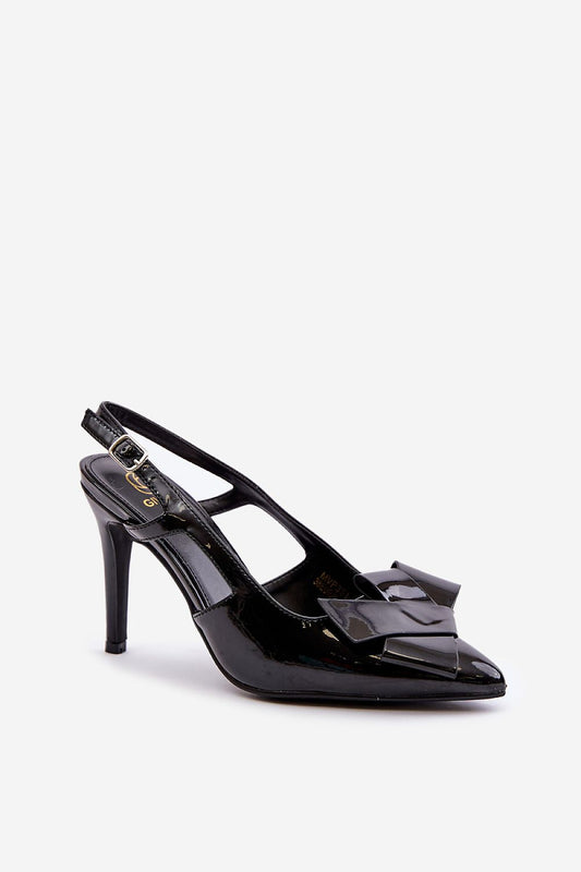 Close-up of stylish patent eco leather stilettos with pointed toes and a beautiful ornament by Step in Style, perfect for evening wear.