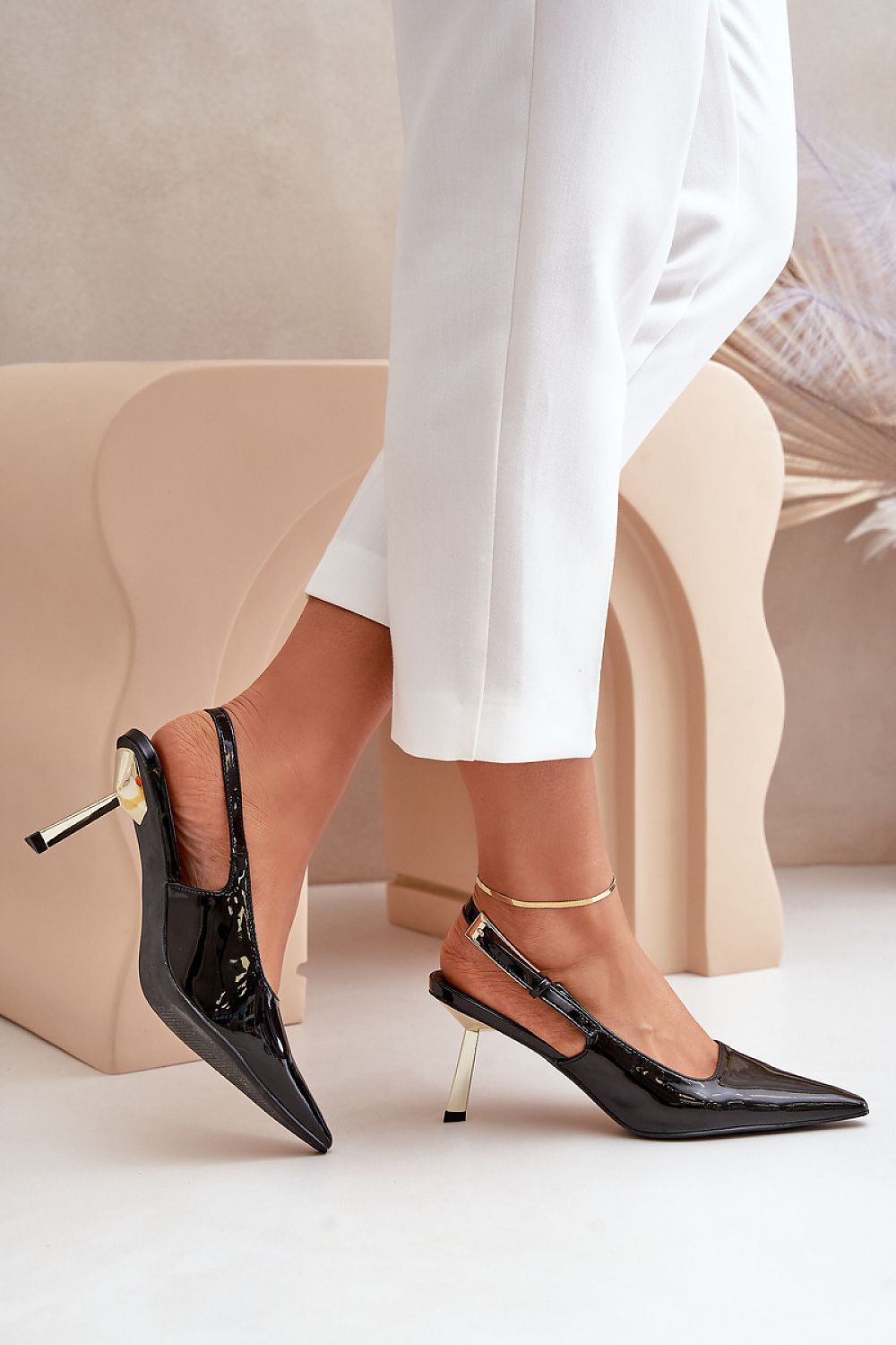 Luxurious eco leather pointed toe stiletto heels with 8cm gold heel, crafted by Step in Style for an exquisite evening look.