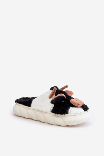 Step in Style's elegant women's cow motif slippers in plush fur, designed for comfort and warmth, available in EU sizes 36-41.