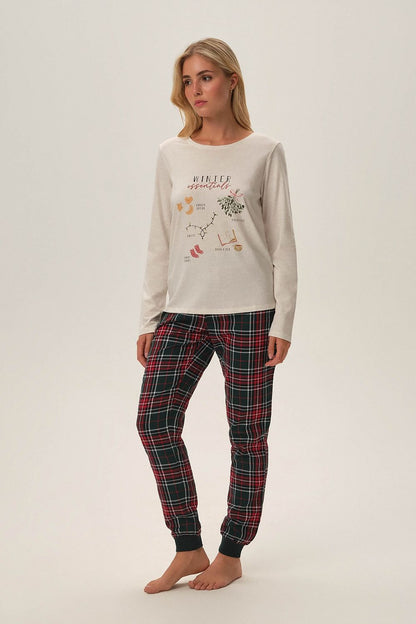 Luxurious Henderson Florencia Christmas Pyjamas featuring an elegant beige top with winter graphics and stylish checkered pants, available in sizes S to XXL for a comfortable festive experience.