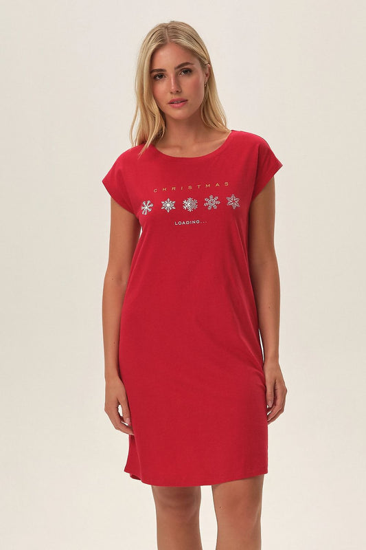 Luxurious Henderson festive red cotton nightshirt for women featuring a round neckline and short sleeves, adorned with a Christmas loading sign and snowflakes, ideal for enhancing the magic of December nights.