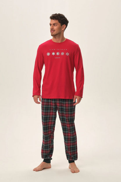 Luxury cotton red plaid men's pyjamas set by Henderson, featuring a soft long-sleeved blouse and comfortable plaid pants, perfect for stylish relaxation.