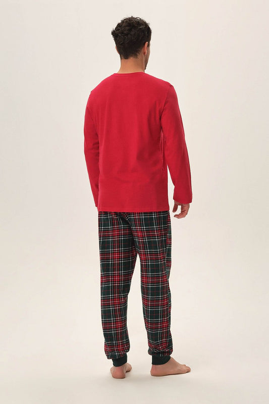 Close-up of Henderson's luxury cotton red plaid men's pyjamas set, highlighting the soft fabric and elegant design for a sophisticated bedtime look.