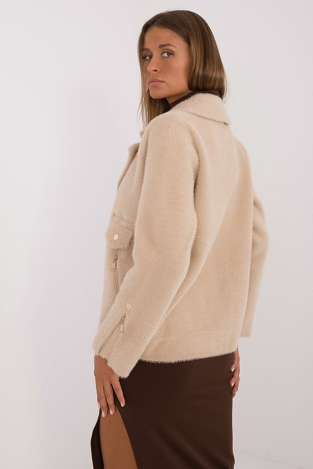 Chic women's jacket from MBM, showcasing a luxurious wool blend with zippered pockets, perfect for colder days.