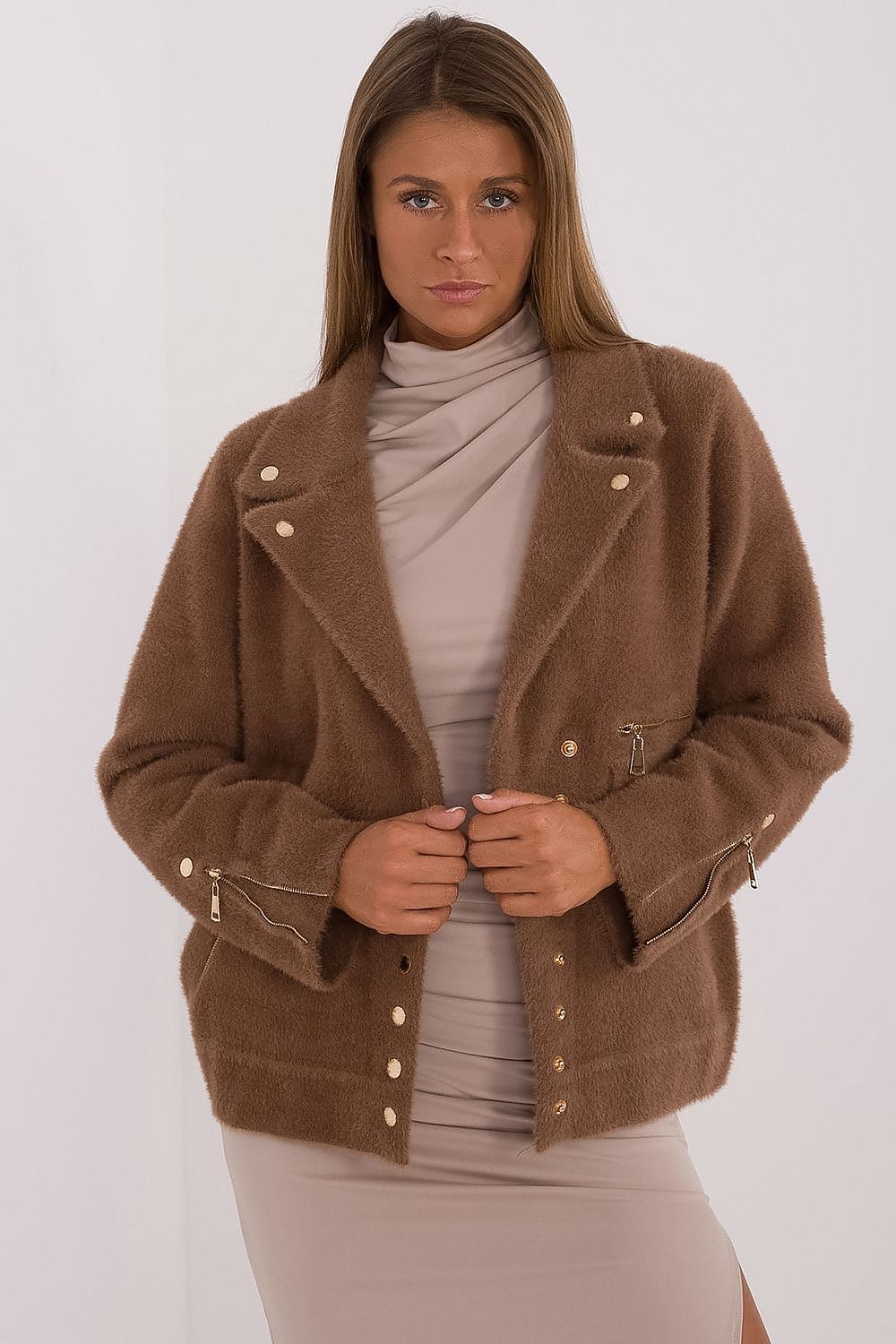 Elegant MBM women's jacket in warm wool blend, showcasing stylish zippered sleeves, perfect for autumn-winter fashion.