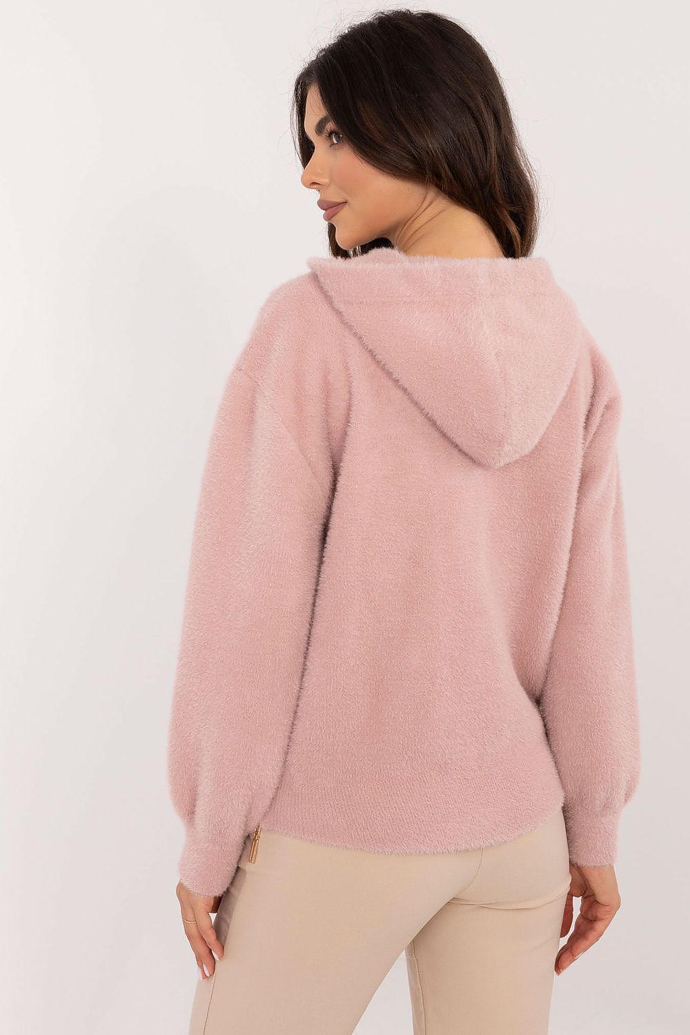 Detailed view of the fabric composition of the MBM luxury women's jacket, including angora and wool.