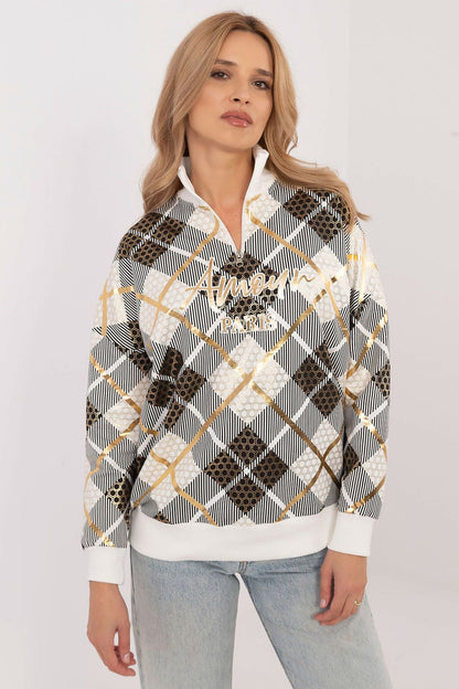 Elegant stylish women's casual zip collar sweatshirt from Factory Price featuring a luxurious check pattern, perfect for sophisticated comfort.
