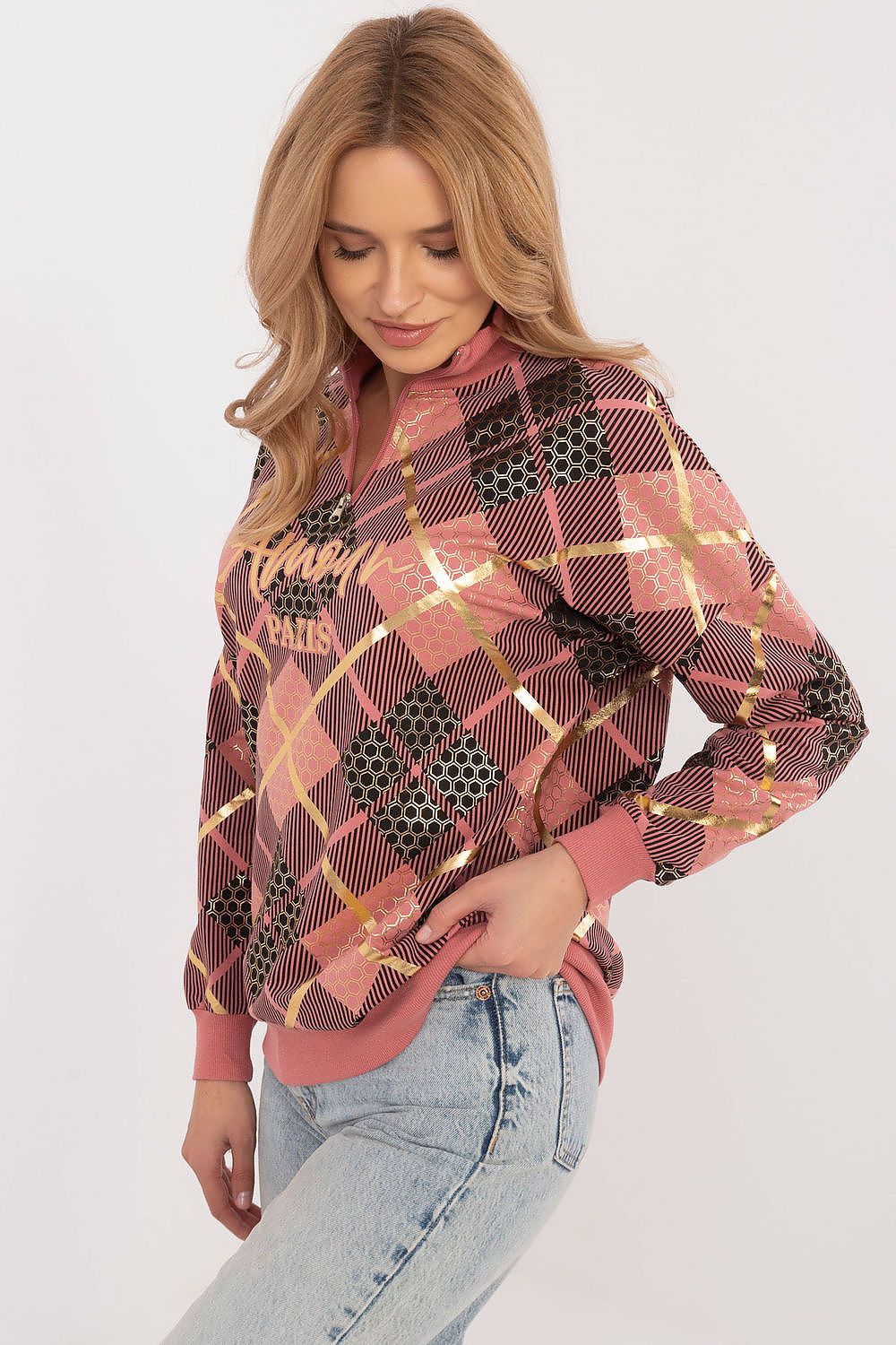 Elegant women's casual zip collar sweatshirt by Factory Price in a chic check pattern, showcasing a blend of cotton and spandex for ultimate comfort.