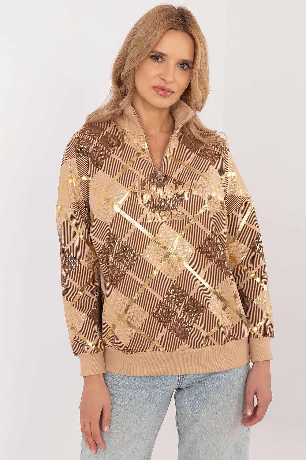 Factory Price's women's casual zip collar sweatshirt with a captivating check pattern, designed for a luxurious touch in everyday wear.