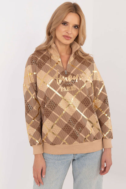 Factory Price's women's casual zip collar sweatshirt with a captivating check pattern, designed for a luxurious touch in everyday wear.