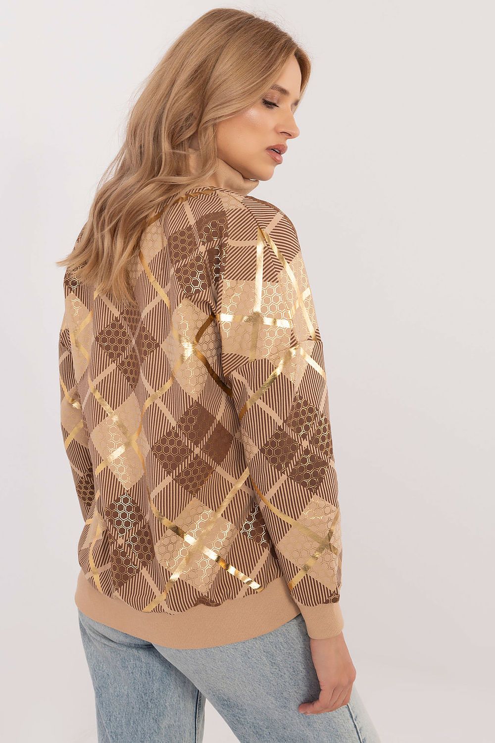 Sophisticated women's casual sweatshirt with a zip collar from Factory Price, crafted from a soft cotton blend featuring a modern check design.