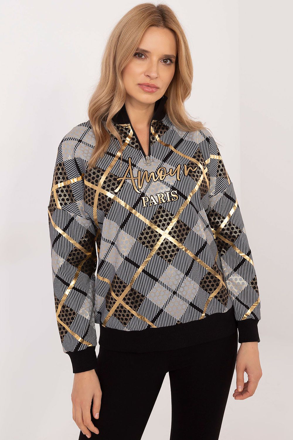 Elegant women's casual zip collar sweatshirt by Factory Price, featuring a stylish check pattern in a sophisticated cotton blend, perfect for comfort and fashion.