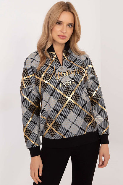 Elegant women's casual zip collar sweatshirt by Factory Price, featuring a stylish check pattern in a sophisticated cotton blend, perfect for comfort and fashion.