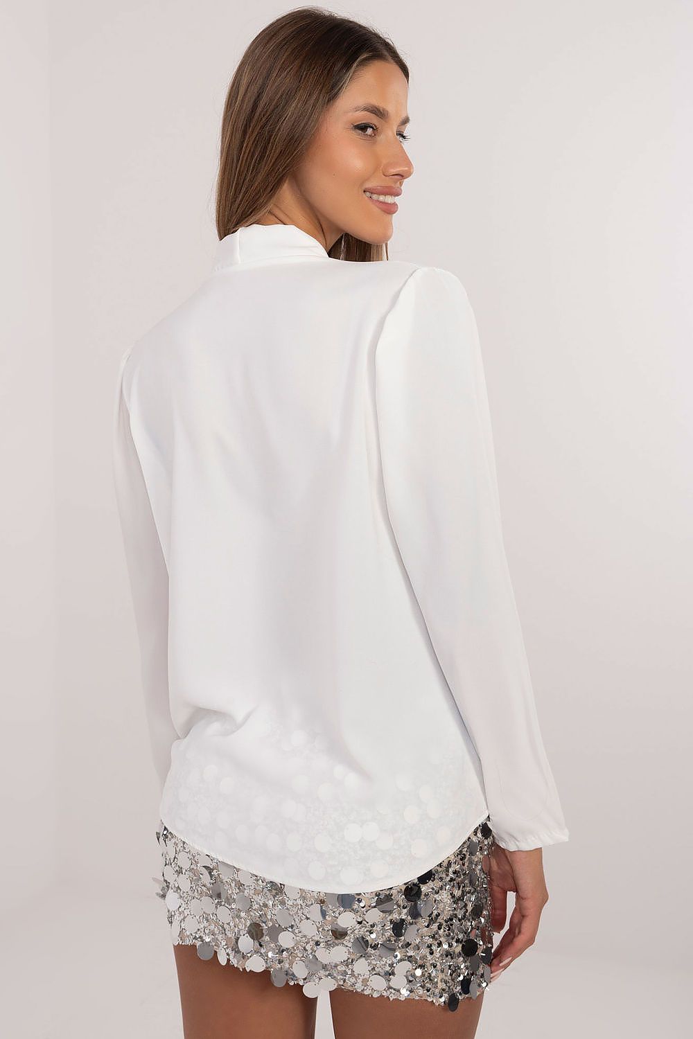Stylish Italy Moda long sleeve blouse with a unique flower design, crafted from a luxurious blend of fabrics for elegance.