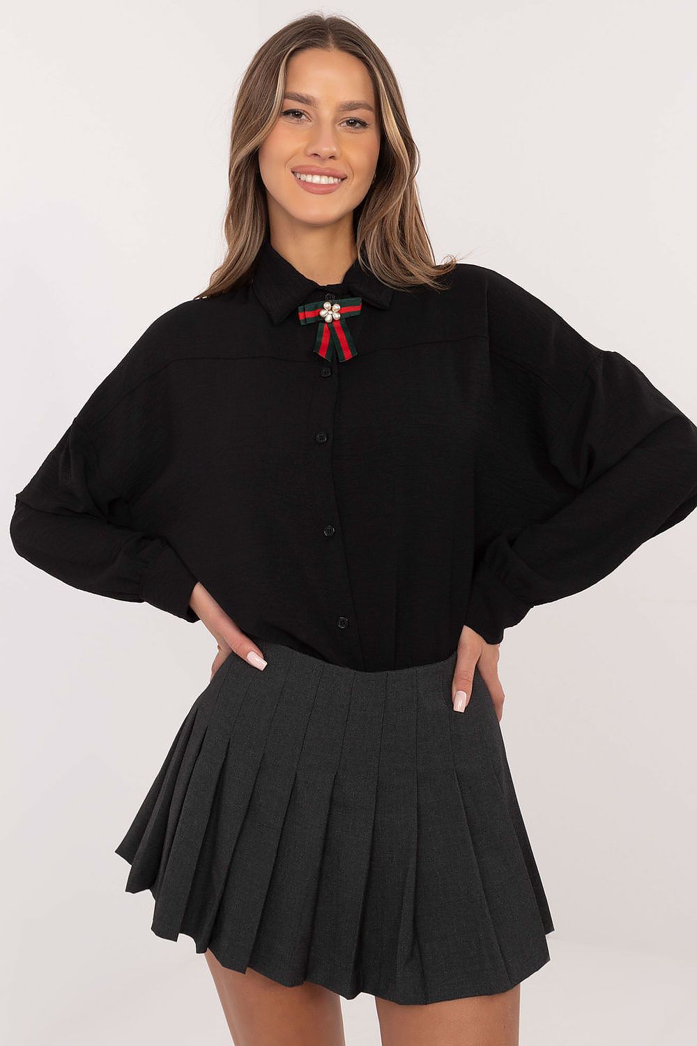 Elegant women's long sleeve shirt with detachable brooch by Italy Moda, crafted from high-quality polyester blend, perfect for versatile styling.