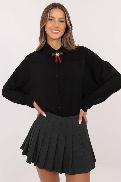 Elegant women's long sleeve shirt with detachable brooch by Italy Moda, crafted from high-quality polyester blend, perfect for versatile styling.