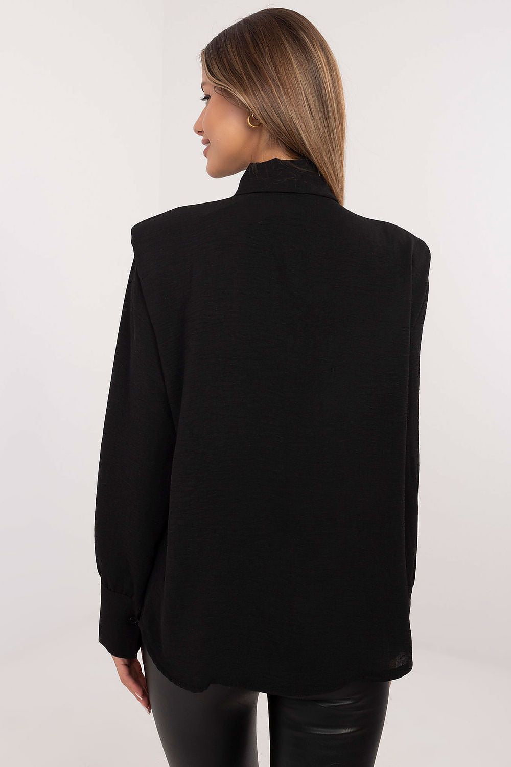 Elegant Women's Long Sleeve Shirt by Italy Moda featuring a detachable brooch, designed in chic modern style, perfect for versatile dressing. Made from high-quality blend of polyester and elastane for comfort and sophistication.