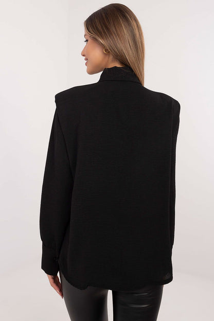 Elegant Women's Long Sleeve Shirt by Italy Moda featuring a detachable brooch, designed in chic modern style, perfect for versatile dressing. Made from high-quality blend of polyester and elastane for comfort and sophistication.