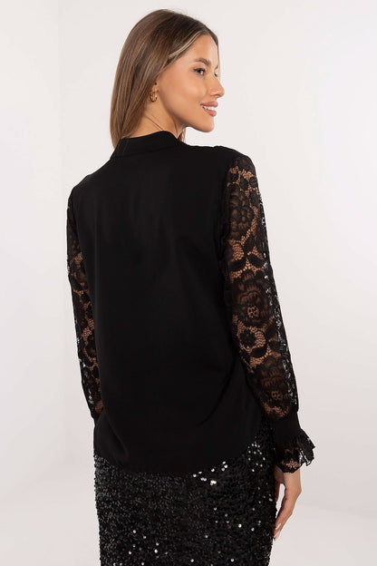 Luxurious classic style women's shirt from Italy Moda, showcasing a stand-up collar and refined lace accents.