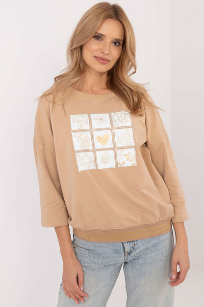 Chic 3/4 sleeve blouse with a round neckline, embellished with rhinestones, available at Factory Price for the discerning woman.