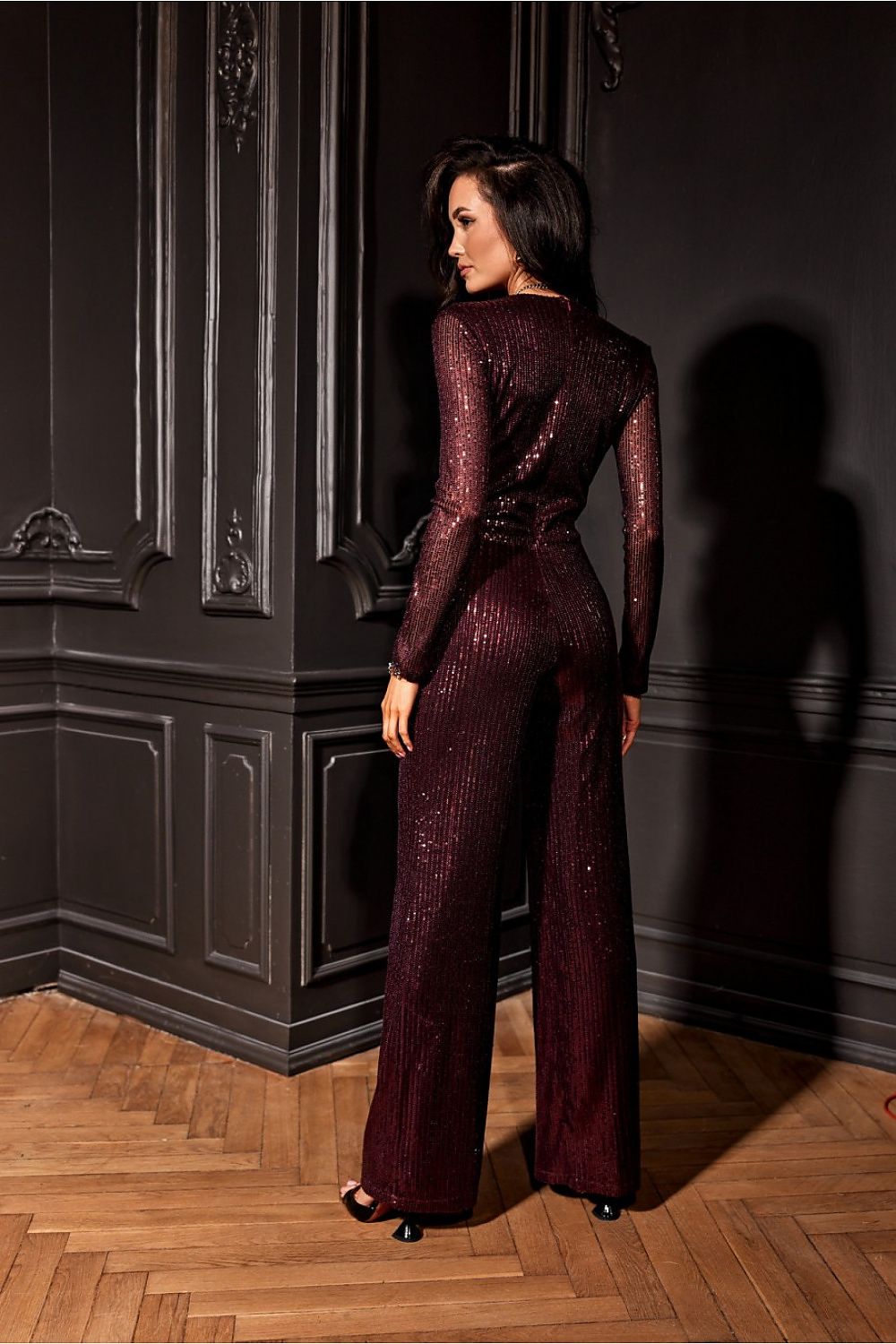Close-up of the exquisite sequin embroidery on the Asurio Maxi Jumpsuit by Roco Fashion, ideal for sophisticated events and stylish parties.
