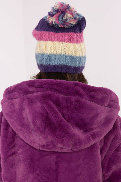 Stylish winter beanie cap by AT featuring vibrant striped design and fluffy pom-pom for luxury warmth in cold weather.