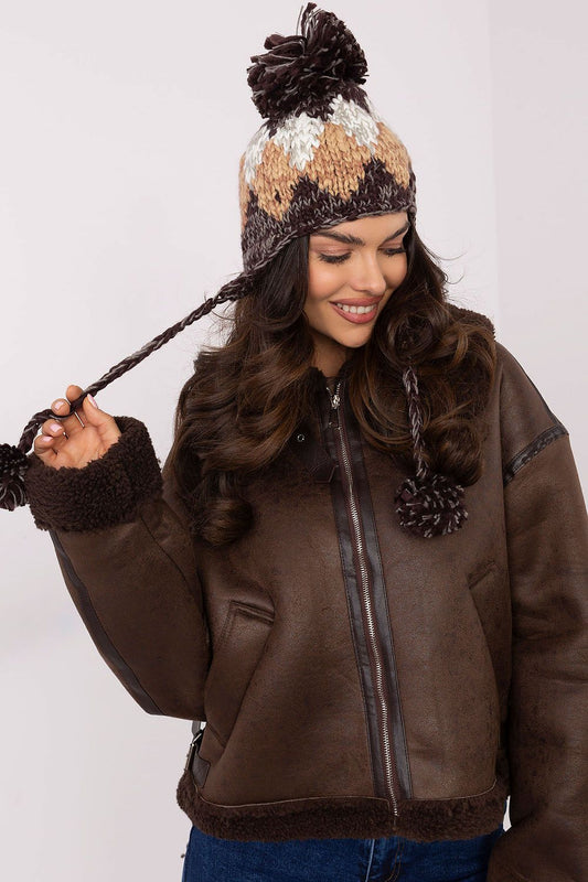 Luxury Women's Geometric Diamond Pattern Ear Hat by AT - Warm Acrylic Beanie with Fluffy Pom-Pom for winter elegance.