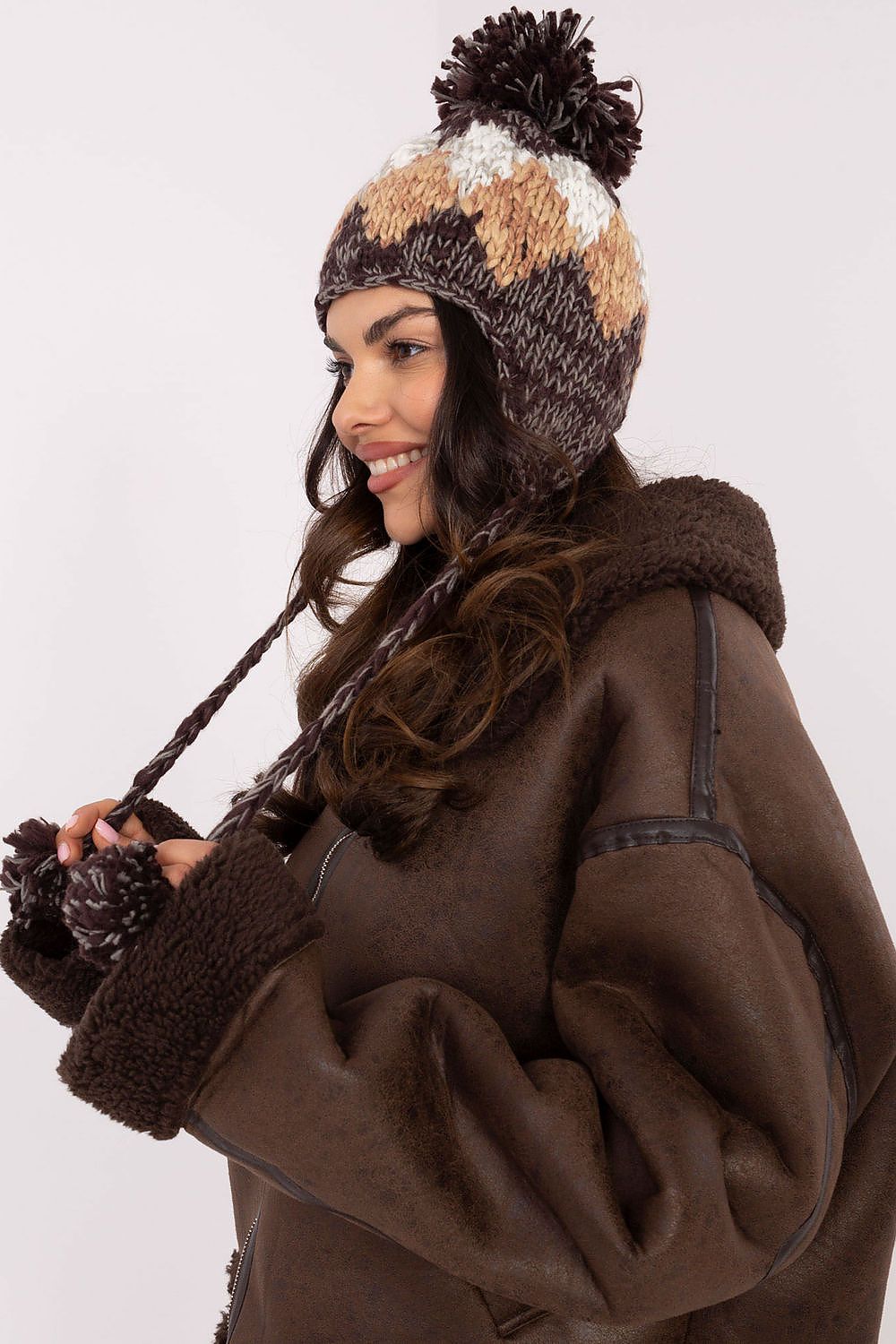 Chic Women's Ear Hat by AT with Fluffy Pom-Pom, perfect for cold weather and featuring a stylish geometric design.