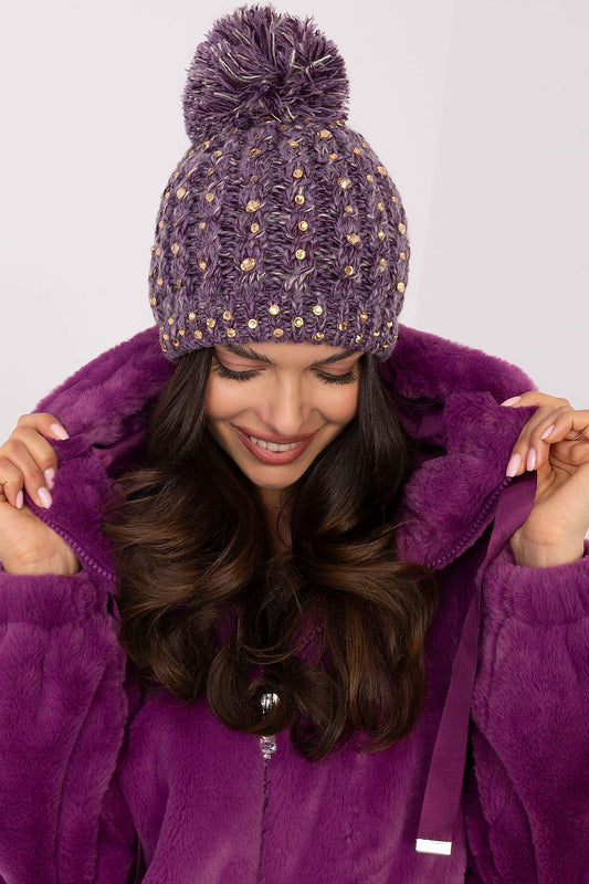Luxury Women's Winter Beanie Cap by AT with zircon decoration and fluffy pom-pom, ideal for chic winter styling.