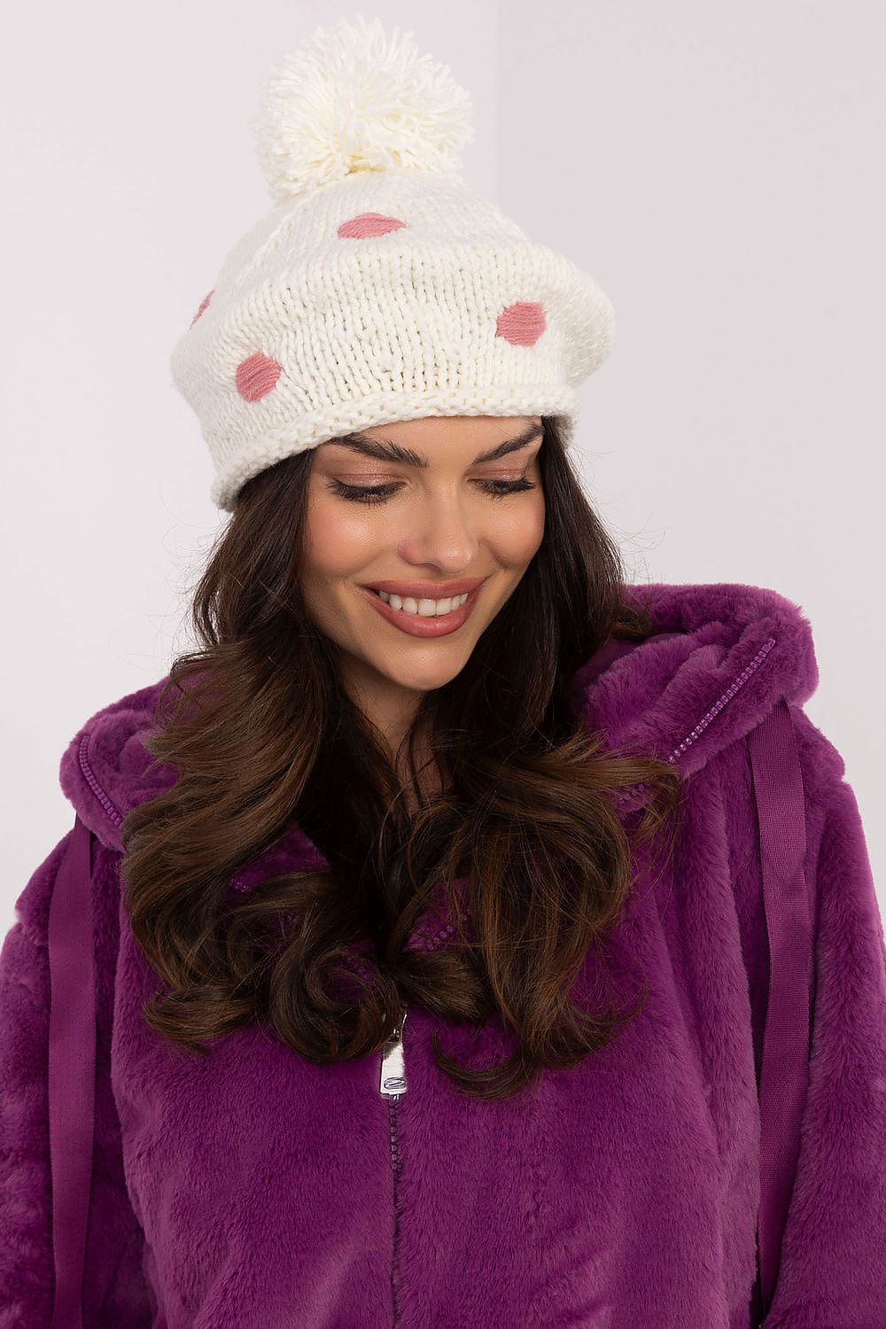 Luxury Women's Winter Beanie Hat by AT featuring a fluffy pom-pom and decorative dots, crafted from soft acrylic fabric for ultimate warmth and style.