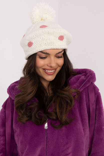 Luxury Women's Winter Beanie Hat by AT featuring a fluffy pom-pom and decorative dots, crafted from soft acrylic fabric for ultimate warmth and style.