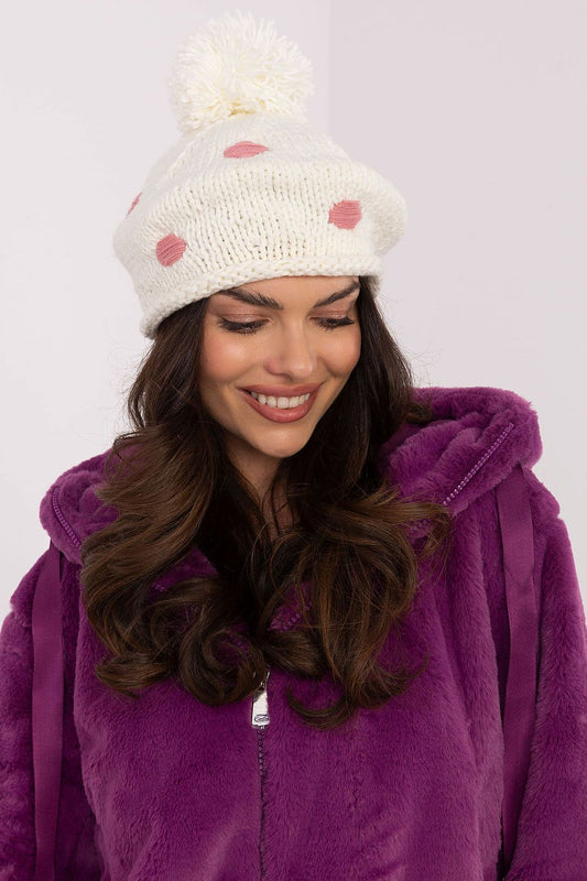 Luxury Women's Winter Beanie Hat by AT featuring a fluffy pom-pom and decorative dots, crafted from soft acrylic fabric for ultimate warmth and style.