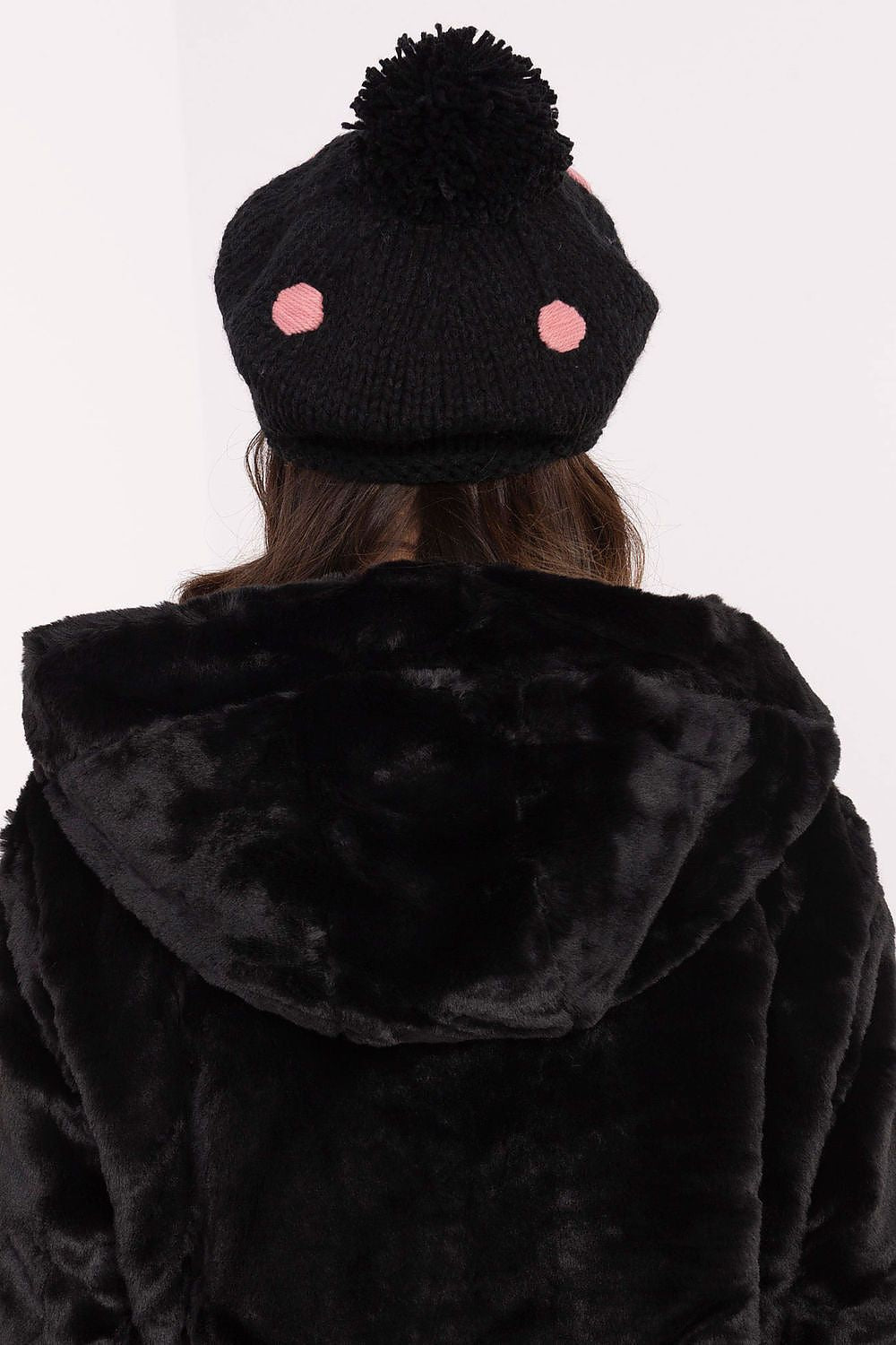Luxury Women's winter beanie hat by AT featuring a fluffy pom-pom and decorative dots, crafted from soft acrylic fabric for optimal warmth and style.
