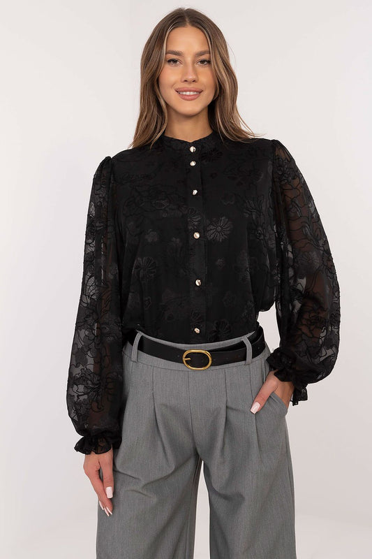 Exquisite long sleeve women's shirt by Lakerta, featuring delicate embroidery, a graceful stand-up collar, and crafted from a luxurious cotton blend, ideal for upscale office wear or elegant occasions.