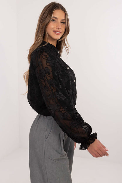 Elegant long sleeve women's shirt by Lakerta featuring exquisite embroidery and a stand-up collar, crafted from a luxurious cotton blend.