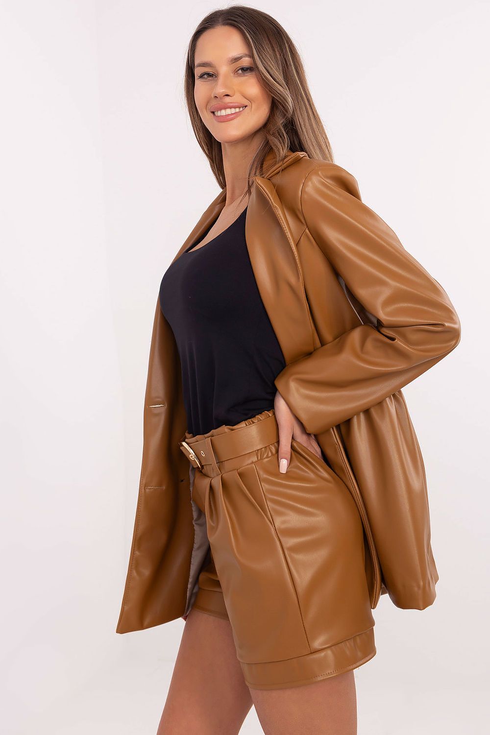 Italian luxury women's eco leather shorts featuring a buckled belt and tailored fit, perfect for stylish casual or formal outings by Italy Moda.