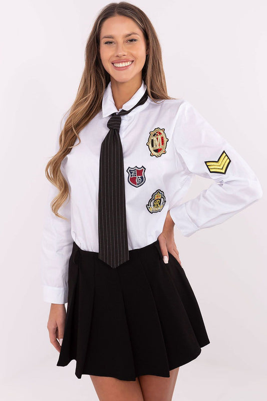 Stylish women's long sleeve cotton blend shirt by Italy Moda featuring a tie detail and decorative patches, perfect for casual chic outfits.
