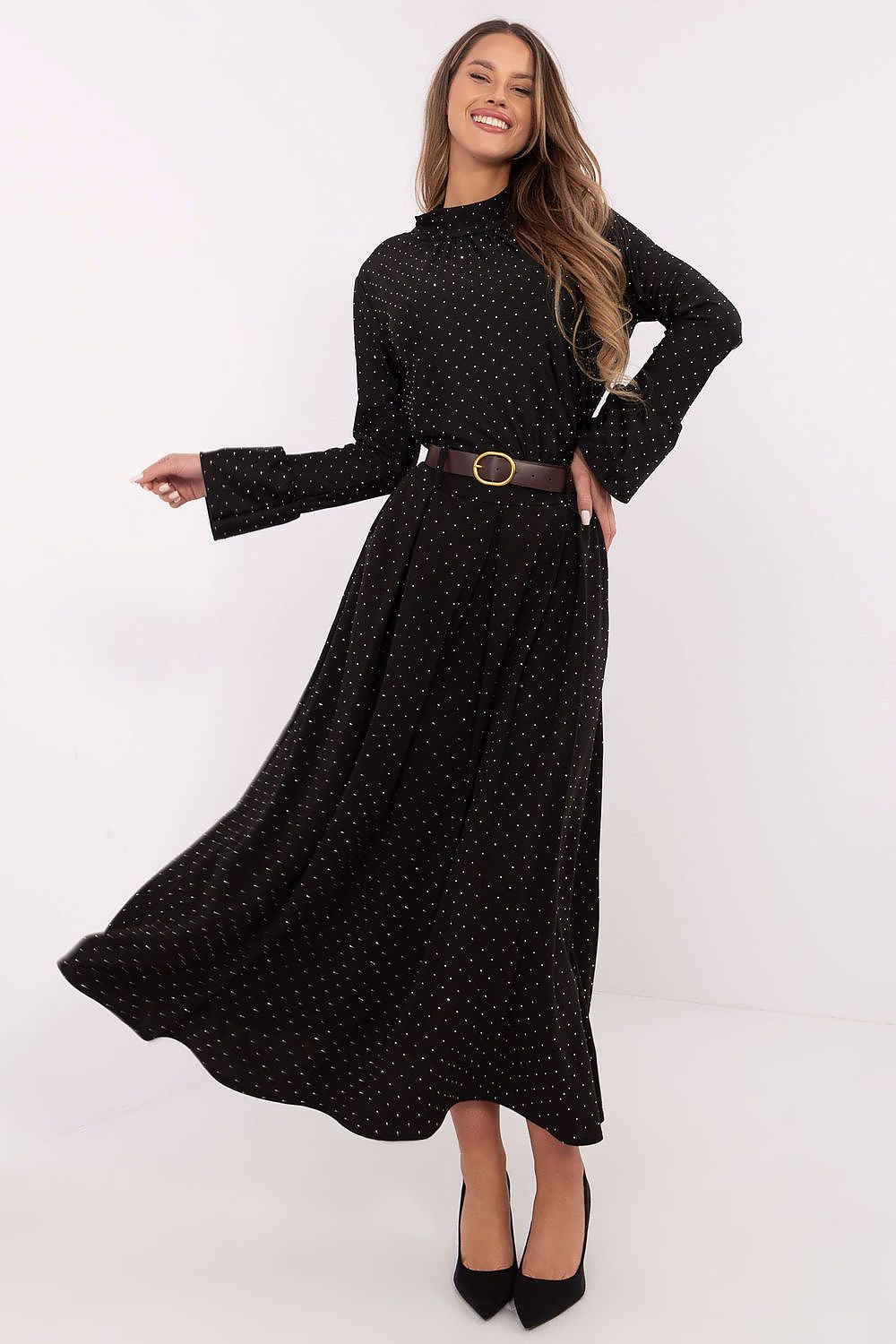 Italy Moda elegant long maxi skirt featuring rhinestones and pockets, crafted from premium polyester viscose blend for sophisticated style.