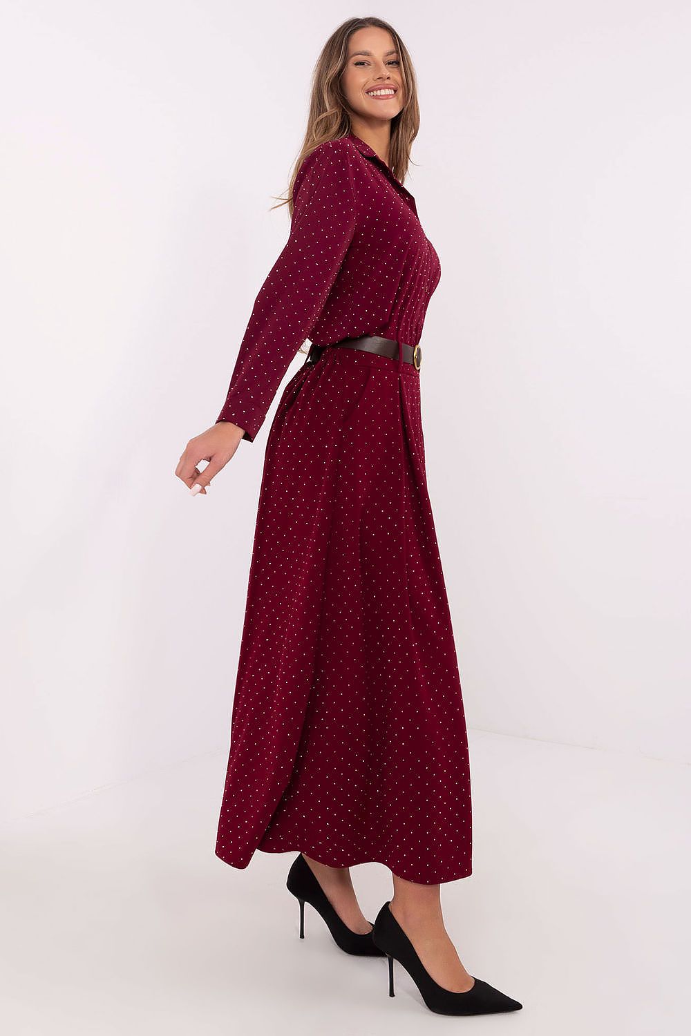 Italy Moda Elegant Long Maxi Skirt featuring rhinestones and practical side pockets, crafted from a luxurious polyester and viscose blend, perfect for sophisticated styling.