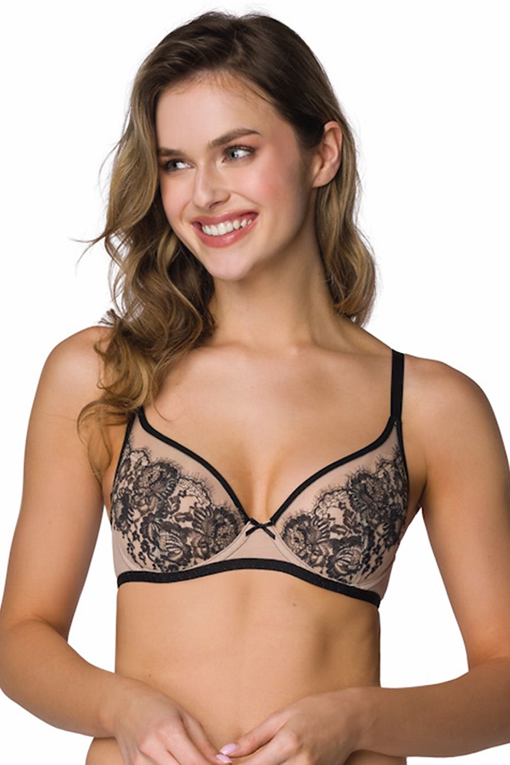 Frances soft bra in elegant beige and black design, adorned with exquisite navy blue lace trim, by Mat.